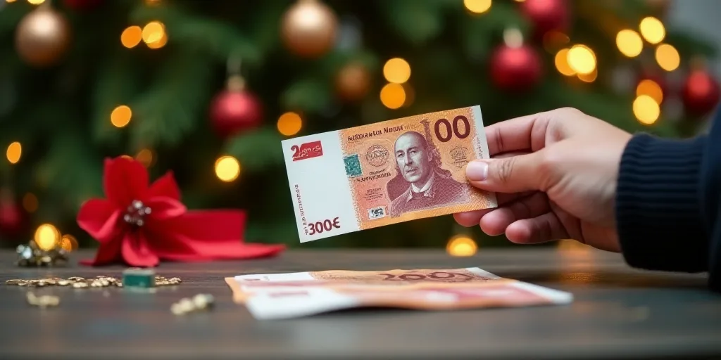 a person holding a bank note in their hand with christmas decorations in the background on a table t