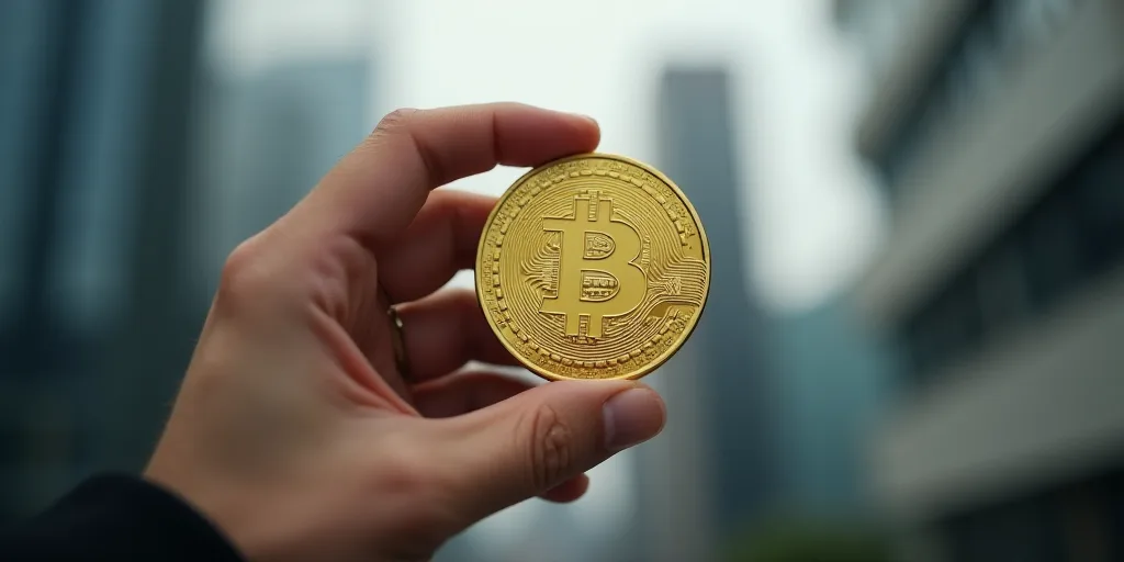 a person holding a bit coin in their hand with a blurry background of a building in the background,