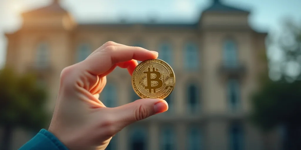a person holding a bit coin in their hand with a blurry background of a building in the background,