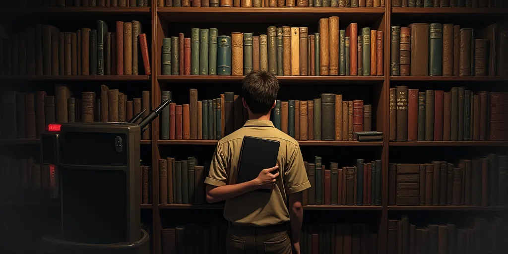 a person holding a book in front of a shelf of books in a library with a gun in it, Dan Content, 2 d