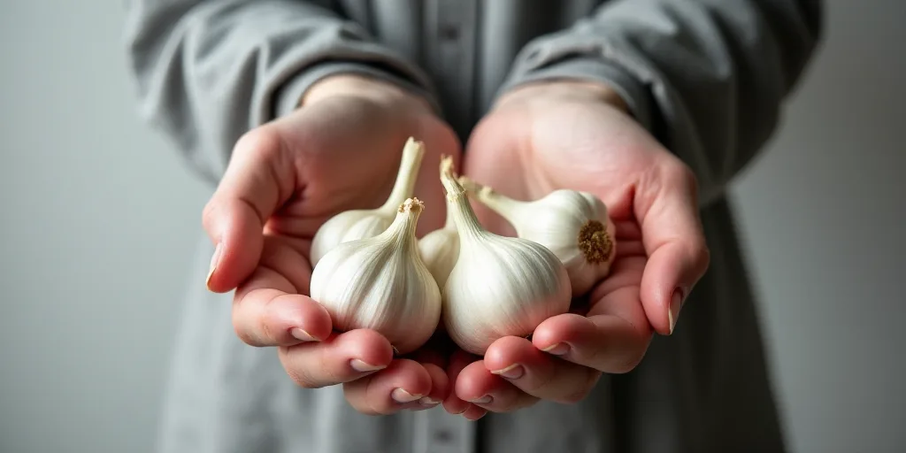 a person holding a bunch of garlic in their hands on a gray background with a gray wall behind them,