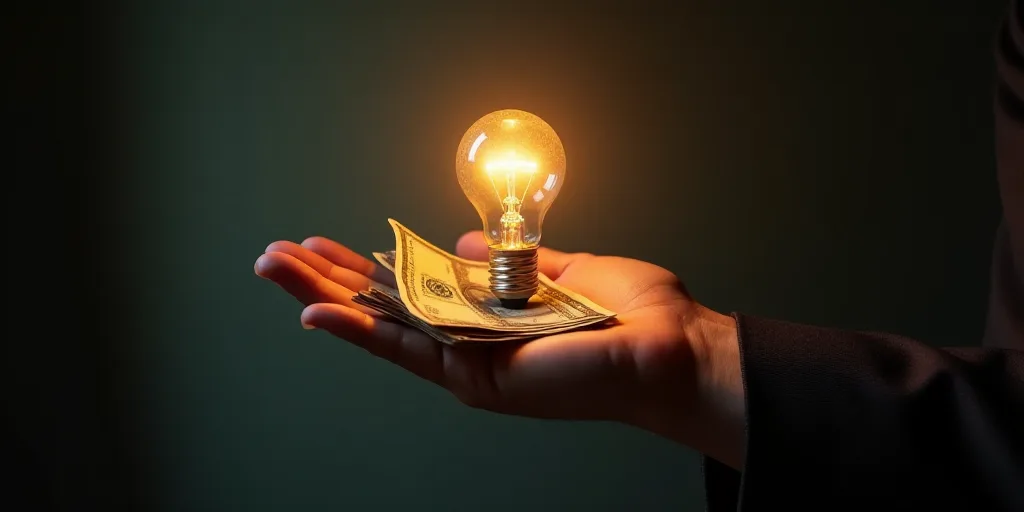 a person holding a bunch of money in their hand with a light bulb in the background with a lit up li