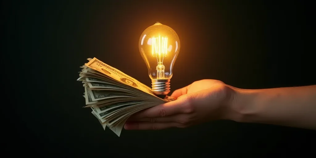 a person holding a bunch of money in their hand with a light bulb in the background with a lit up li