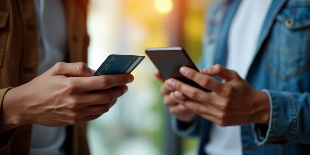 a person holding a cell phone and a credit card in their hand while another person is holding a smar