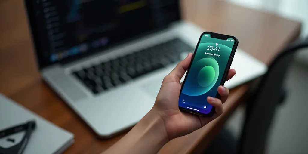 a person holding a cell phone in their hand with a laptop in the background with welbl on it, Carlos