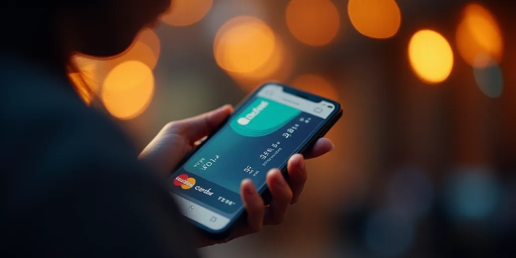 a person holding a cell phone with a credit card on it's screen and a bright background with lights,