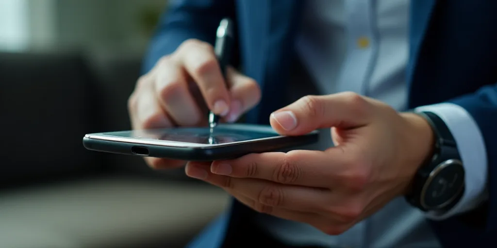 a person holding a cell phone in their hands and typing on the screen with a pen in their hand, Denn