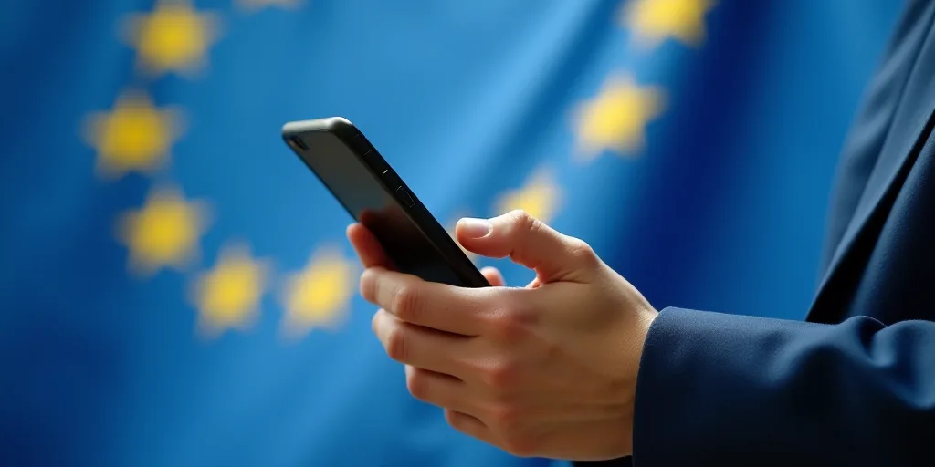 a person holding a cell phone with a european flag in the background and a blue and yellow flag in t