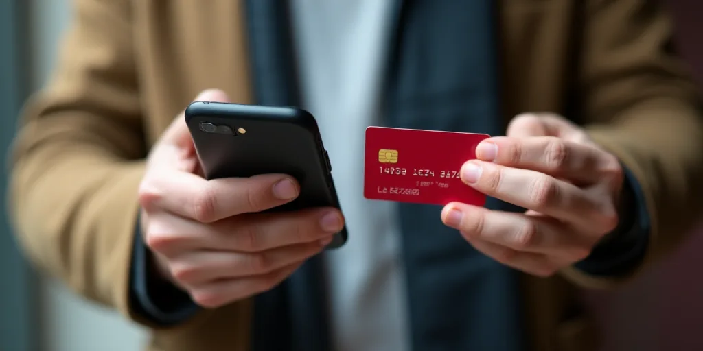 a person holding a cell phone and a credit card in their hands, both of them are both holding a cred