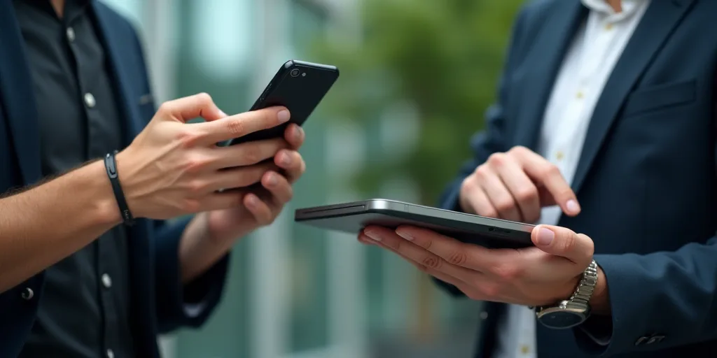a person holding a cell phone in their hand and another person holding a laptop in their other hand,