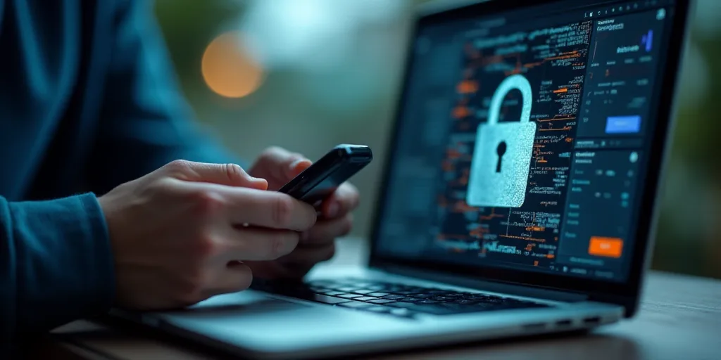 a person holding a cell phone and a laptop computer with a padlock on it and a padlock on the screen