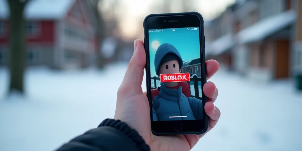 a person holding a cell phone with a picture of roblox on it in their hand and a background of snow,