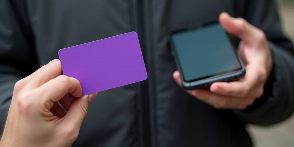 a person holding a cell phone and a purple card in their hand, with a person holding a smart phone i