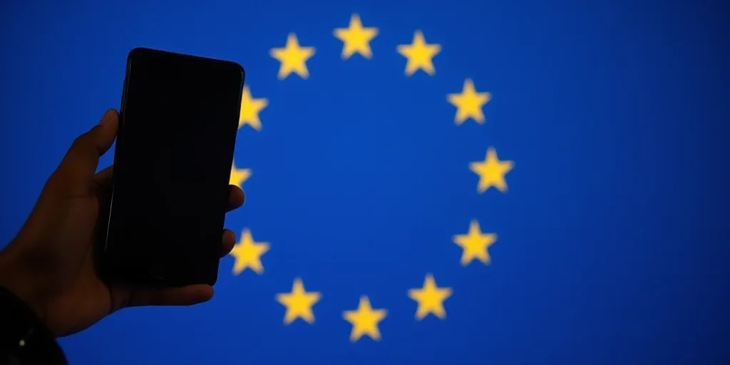 a person holding a cell phone in front of a flag of the european union of europe and the x logo, Avg