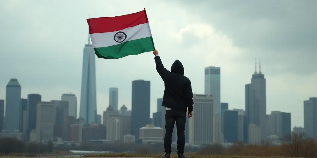 a person holding a flag in front of a city skyline with tall buildings in the background and a cloud