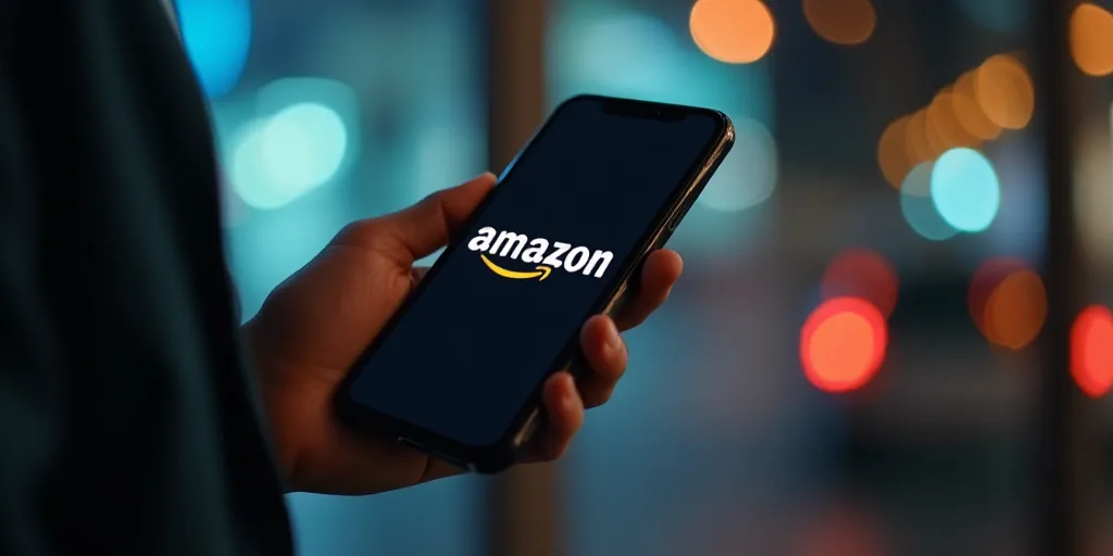 a person holding a phone and a hand holding a smart phone with the amazon logo on it and a hand hold
