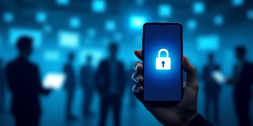 a person holding a phone with a lock on it in front of a blue background with people and a padlock,