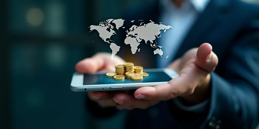 a person holding a phone with a map of the world and coins coming out of it, with the words transact