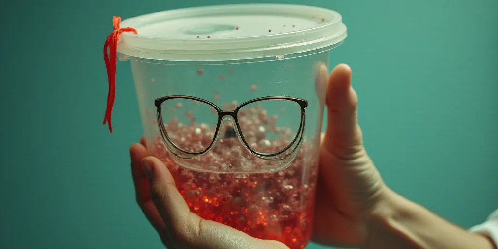 a person holding a plastic container filled with glasses and a red ribbon on the side of the picture