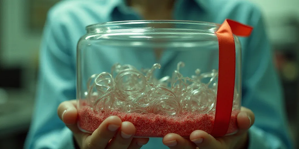 a person holding a plastic container filled with glasses and a red ribbon on the side of the picture