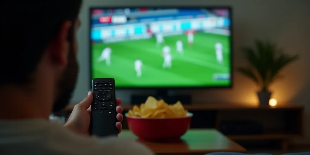 a person holding a remote control in front of a television with a football game on it and a bowl of