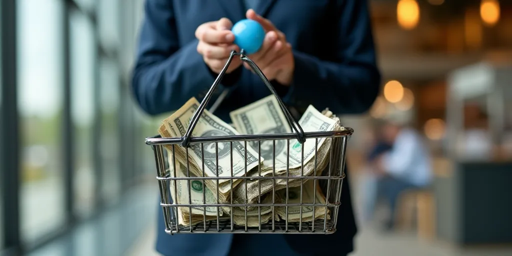 a person holding a shopping basket full of money in it's hands and a blue plastic object in the othe