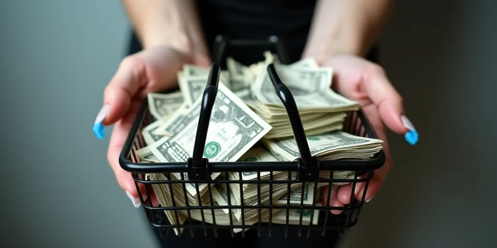 a person holding a shopping basket full of money in it's hands and a blue plastic object in the othe
