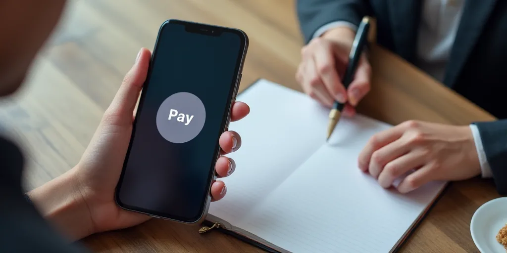 a person holding a smart phone with a pay button on it and a pen in their hand next to a notepad, An