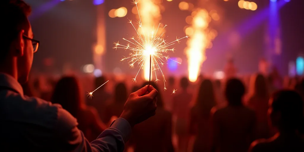 a person holding a sparkler in their hand with a band in the background at a concert or party, David