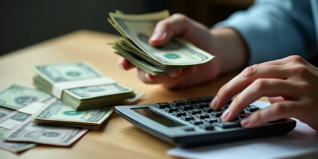 a person holding a stack of money in their hand next to a calculator and a pile of money, An Zhengwe