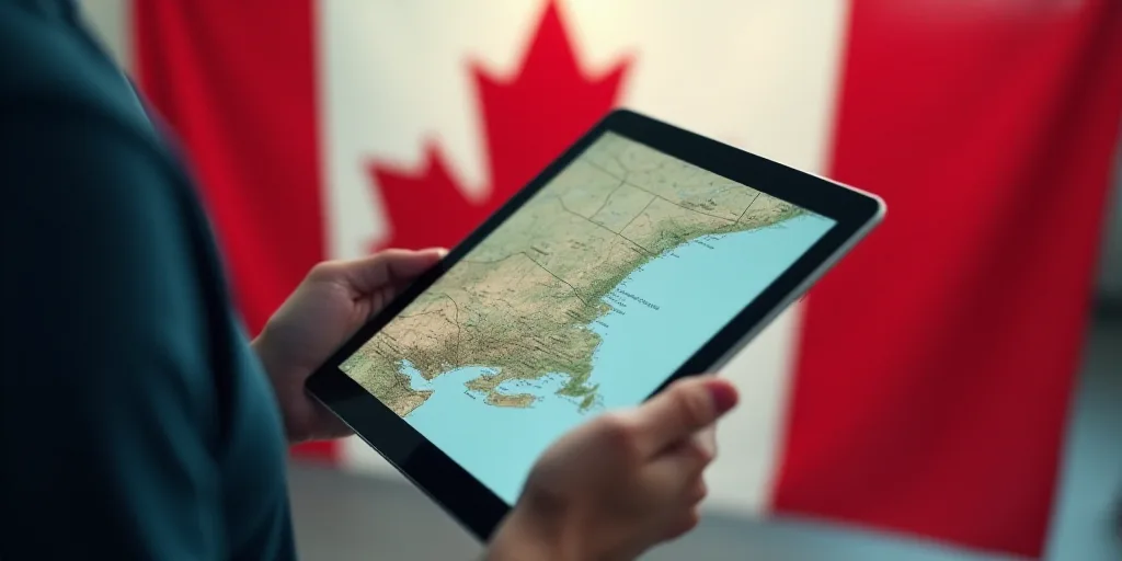 a person holding a tablet with a map on it and money in front of them, with a flag of canada behind