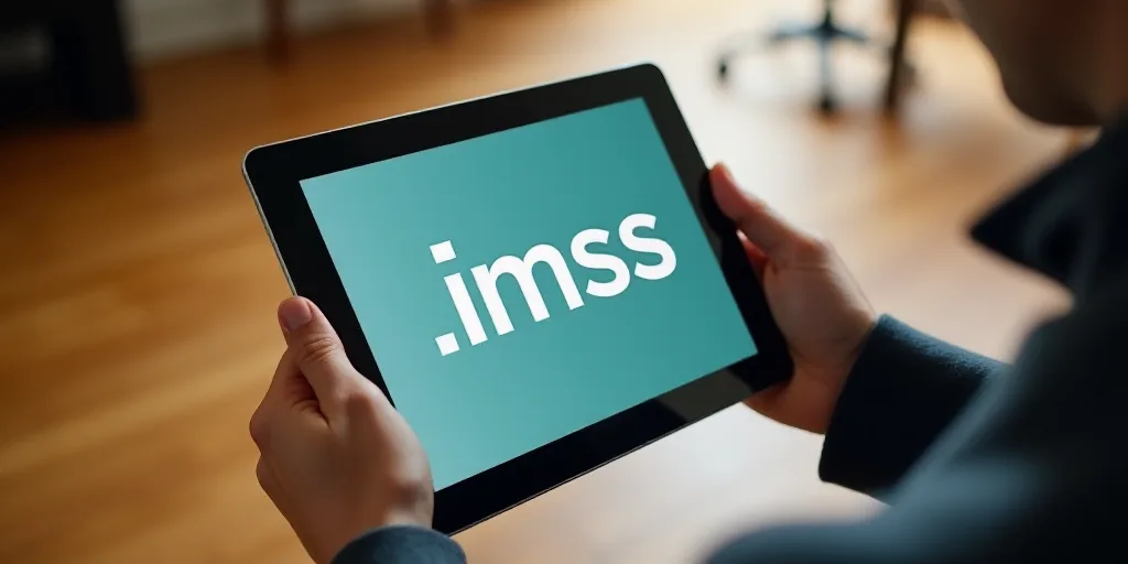 a person holding a tablet with the imss digital logo on it, in a room with wood floors, David Imms,