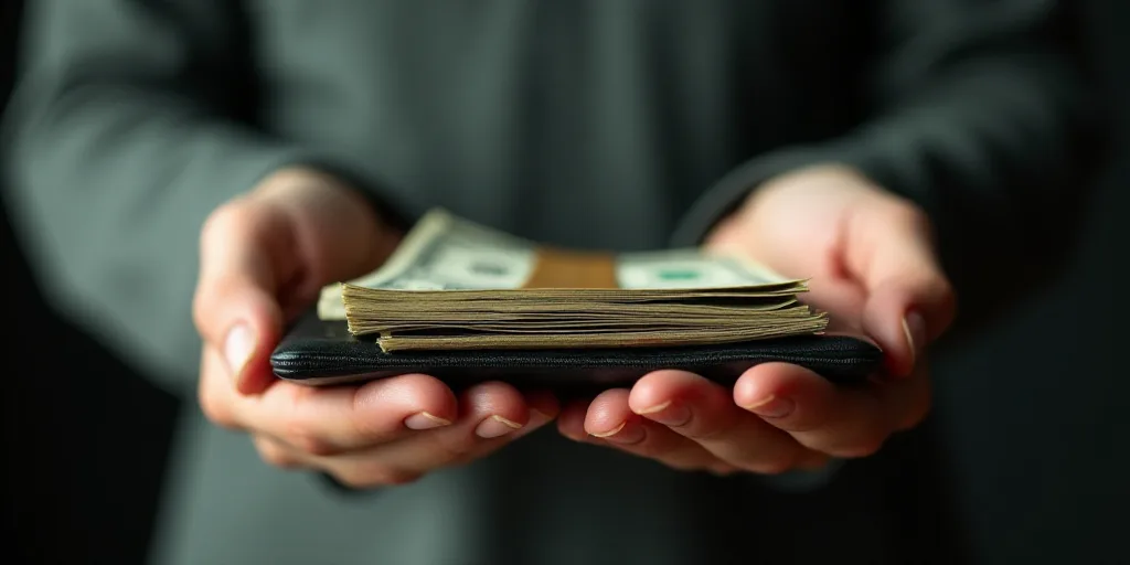 a person holding a wallet full of money in their hand, with a lot of money in the other hand, Aquira