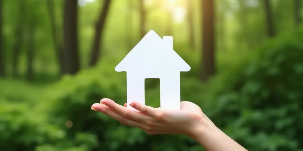 a person holding a white house shaped cutout in their hand with a blurry background of trees and bus