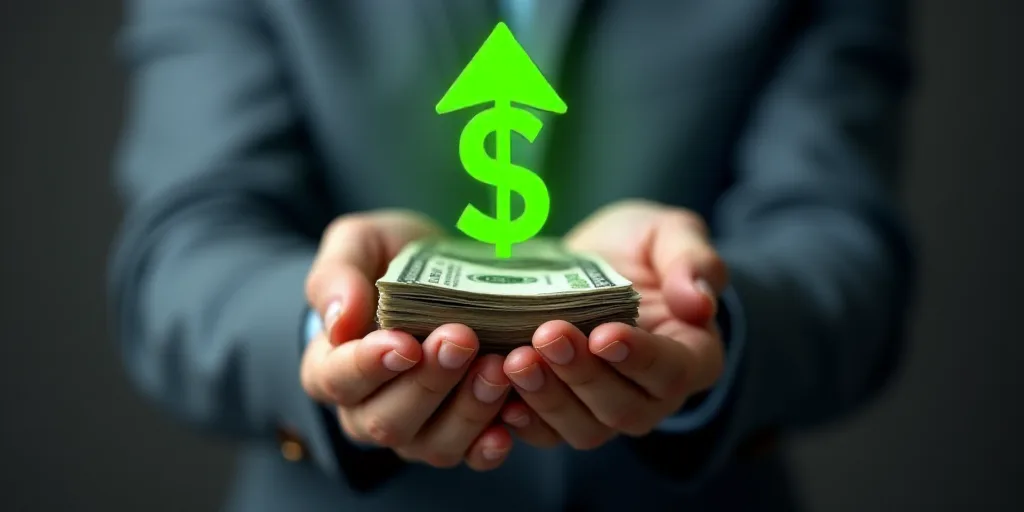 a person holding money in their hands with a green arrow pointing up to the dollar sign on top of th
