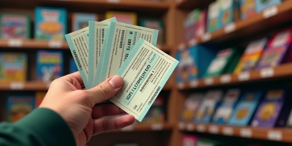 a person holding three tickets in their hand with powerball tickets in the background on a shelf of