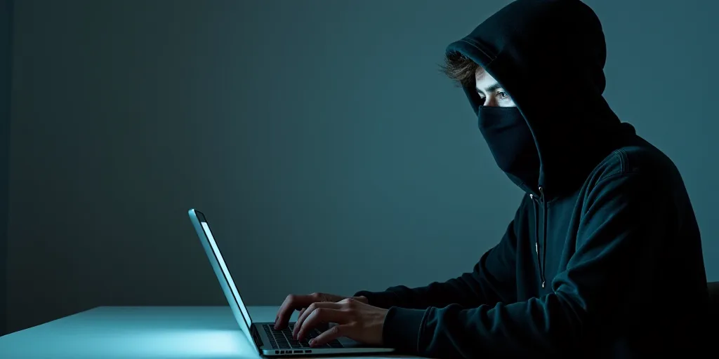 a person in a hoodie is using a laptop computer with a black mask on their face and a black mask cov