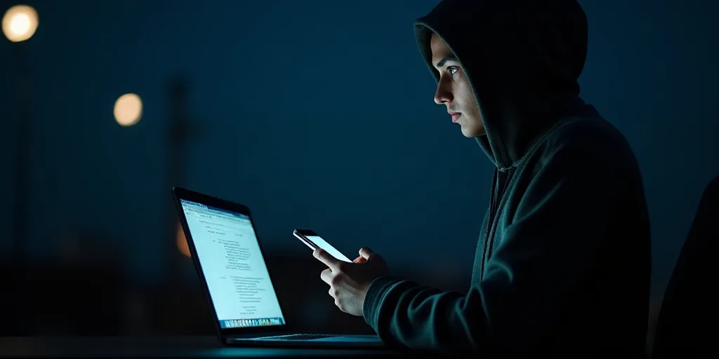 a person in a hoodie looking at a cell phone and laptop computer screen at night with a dark backgro