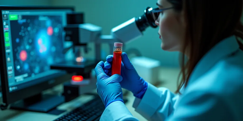 a person in a lab coat and gloves holding a tube of blood in front of a microscope and a monitor, An