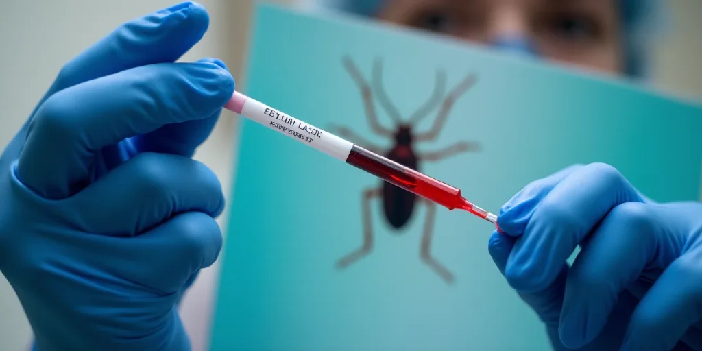 a person in blue gloves holding a sys and a blood sample in front of a picture of a bug, Epsylon Poi