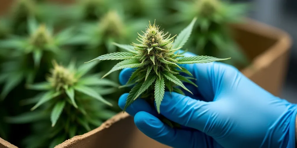 a person in blue gloves holding a marijuana plant in their hand in front of a box of green plants, D