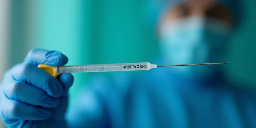 a person in blue gloves holding a syquet in their hand with a needle in it's end, Aquirax Uno, very