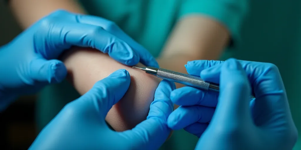 a person in blue gloves is getting a vaccium vaccium from a needle in their arm, Aquirax Uno, biopun