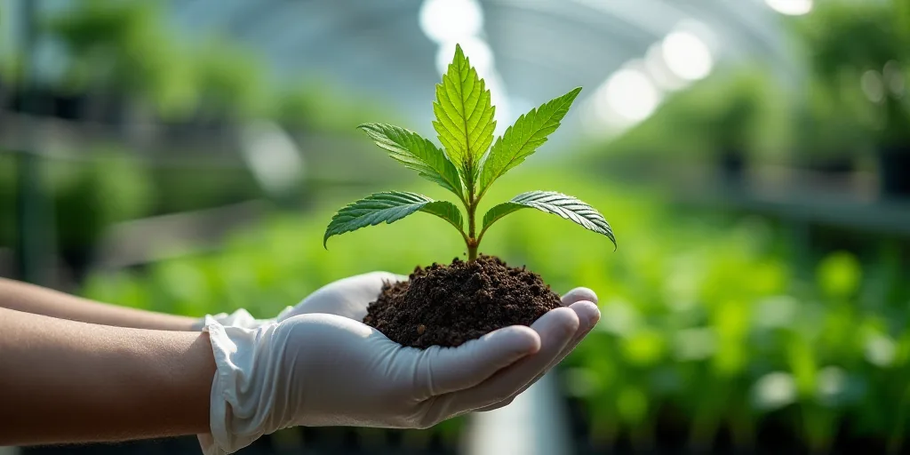 a person in white gloves holding a plant in front of a tray of plants in a greenhouse with other pla