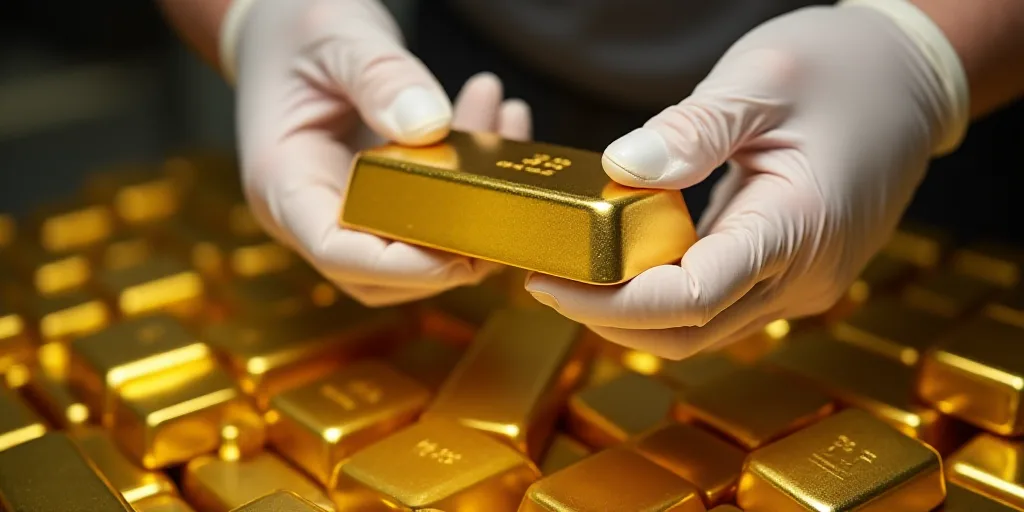 a person in white gloves is holding a gold bar over a pile of gold bars and other gold bars, Andries