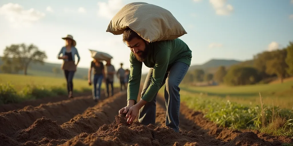 a person is digging in the dirt with a bag on his head and a bag on his shoulder, with a group of pe