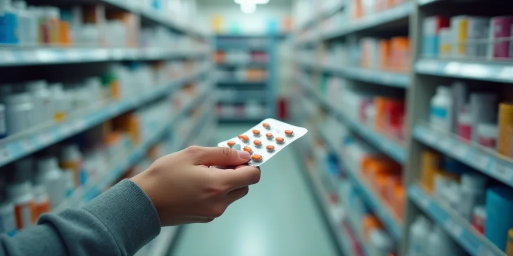 a person is holding a pack of pills in a pharmacy store aisle with shelves of medicine and medicine