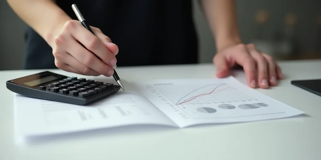 a person is holding a pen over a paper with a graph on it and a calculator in front of them, Constan