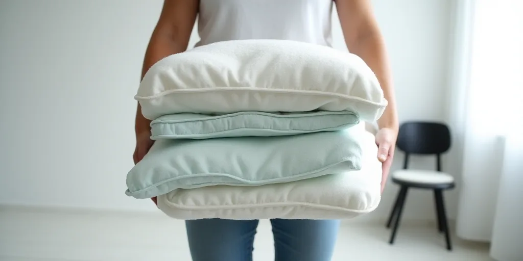 a person is holding a pile of mattresses in a room with a white wall and a black chair, An Gyeon, ic