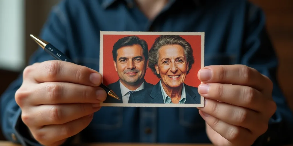 a person is holding a political card with a picture of a man and woman on it and a hand is holding a